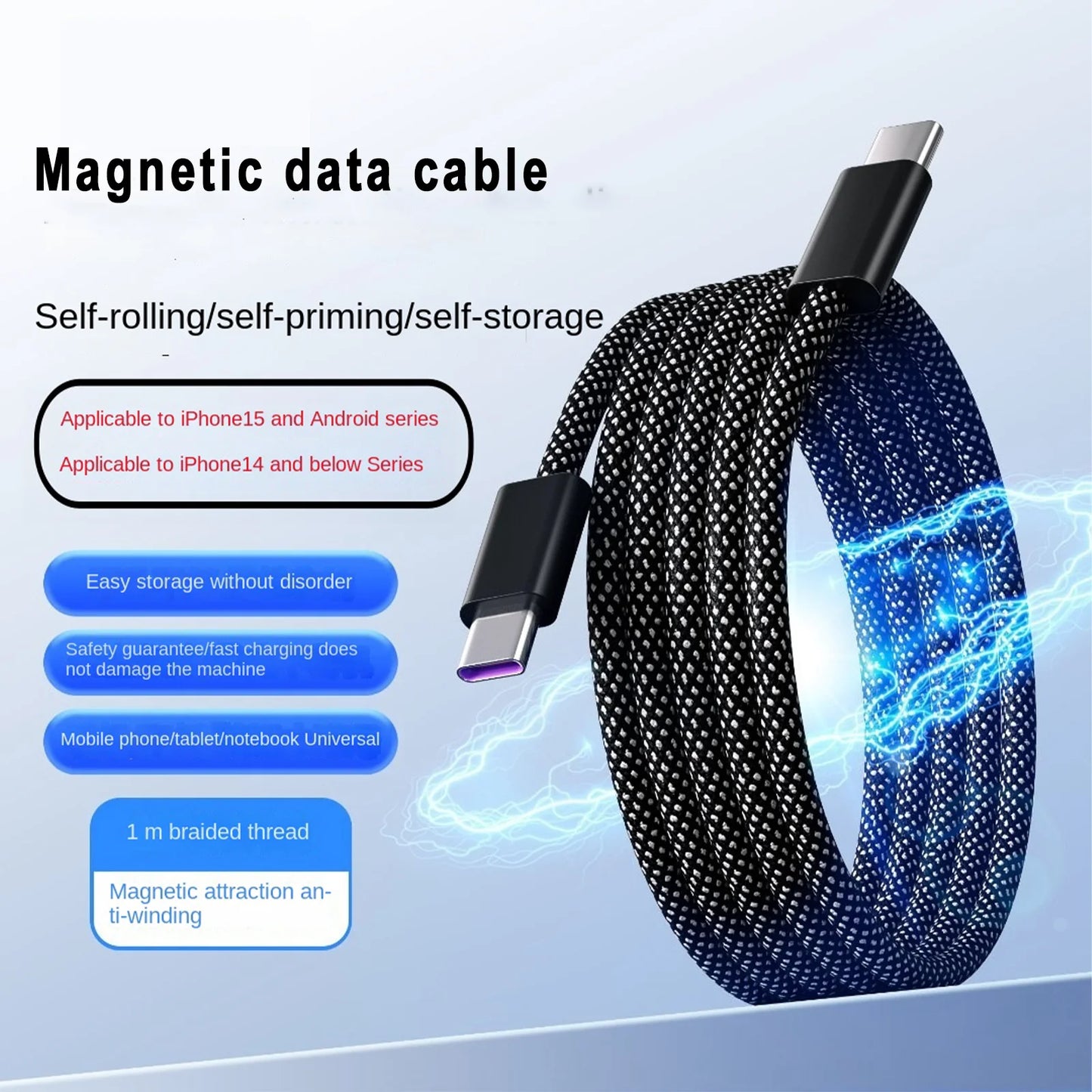 100W Magnetic USB C Charger Cable, 1M Nylon Braided Fast Charging Type C to Type C Cable