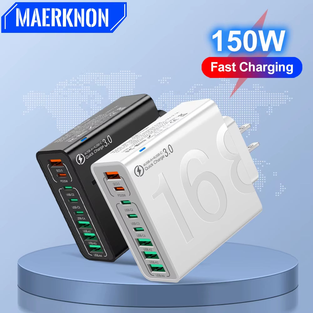 150W Multi-Port USB Fast Charging Wall Adapter for Xiaomi, iPhone, Samsung, Huawei - PD Type C Travel Charger with EU/US/KR Plug Compatibility