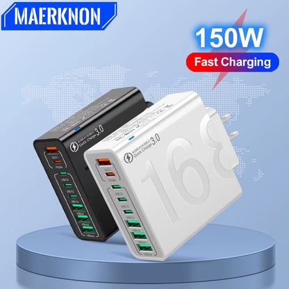150W Multi-Port USB Fast Charging Wall Adapter for Xiaomi, iPhone, Samsung, Huawei - PD Type C Travel Charger with EU/US/KR Plug Compatibility