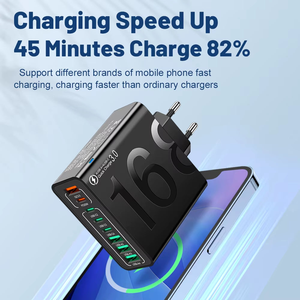 150W Multi-Port USB Fast Charging Wall Adapter for Xiaomi, iPhone, Samsung, Huawei - PD Type C Travel Charger with EU/US/KR Plug Compatibility